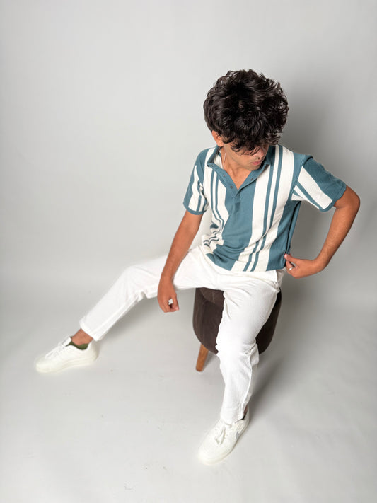 Striped Collar T-Shirt - Aqua Blue