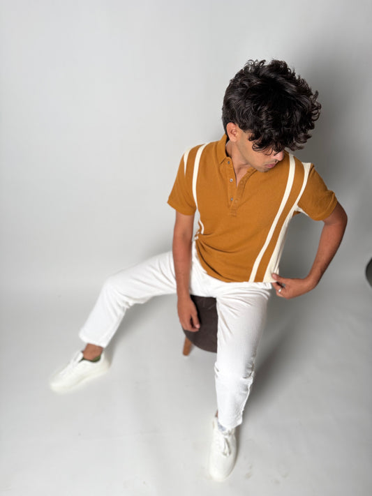 Striped Collar T-Shirt - Mustard Brown