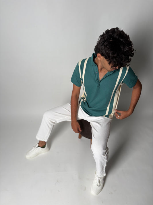 Striped Collar T-Shirt - Teal Green