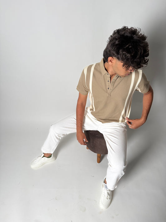 Striped Collar T-Shirt - Dusky Beige