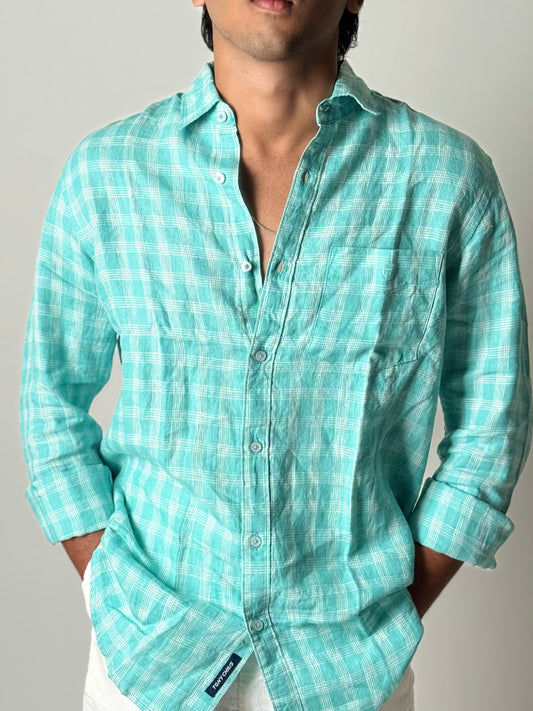 Linen Shirt - Full Sleeve - Turquoise Green with White Checkered