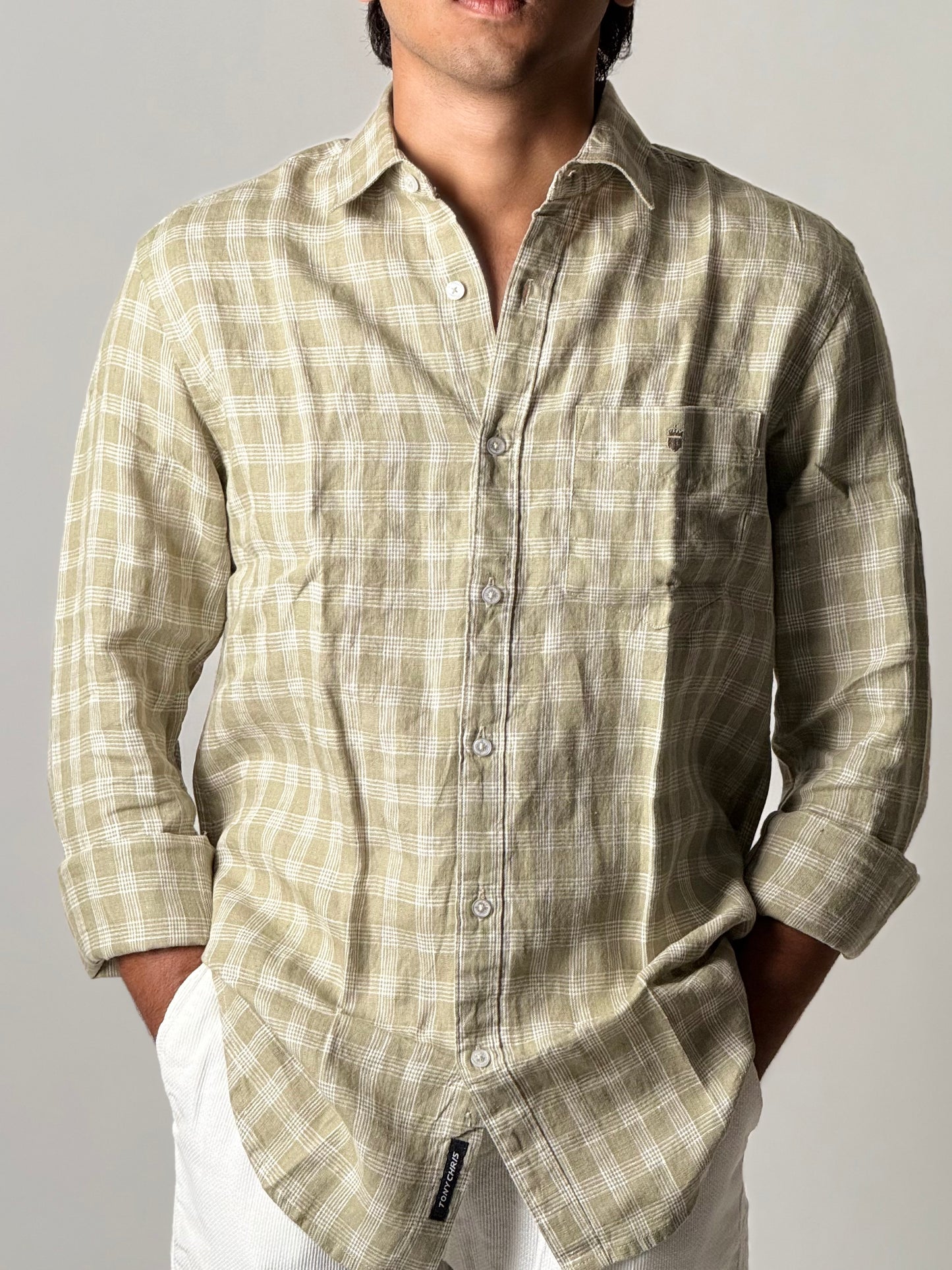 Linen Shirt - Full Sleeve - Light Olive Green with White Checkered