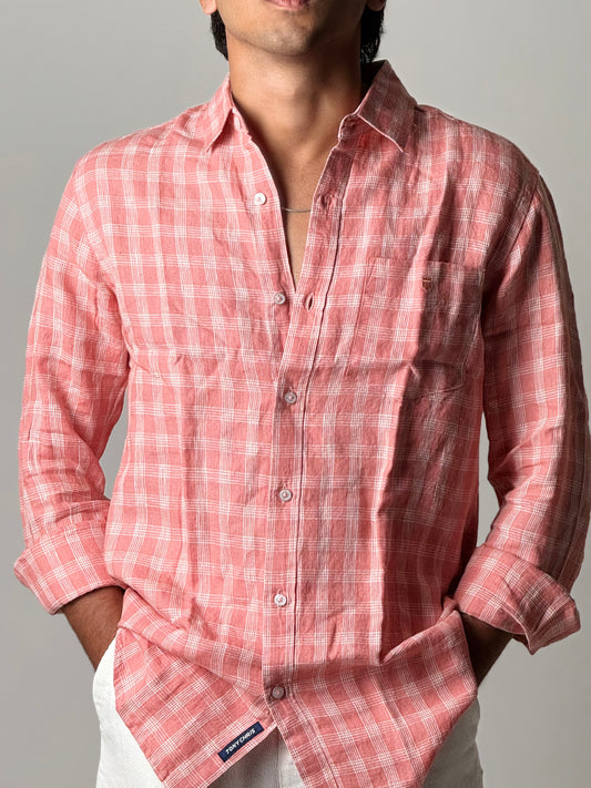 Linen Shirt - Full Sleeve - Peach with White Checkered