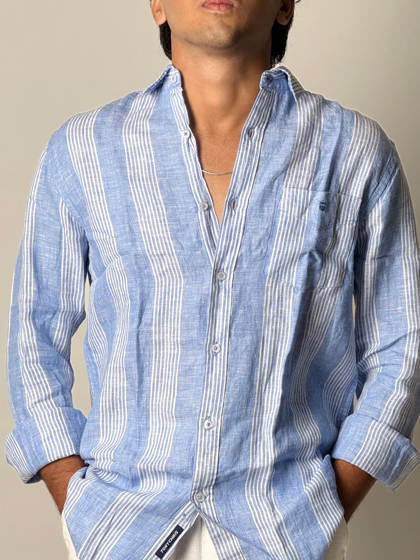 Linen Shirt - Full Sleeve - Light Blue with White Stripes