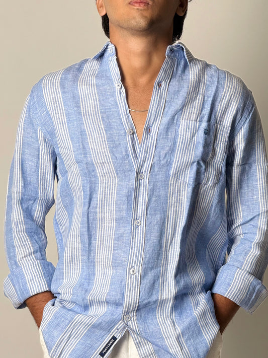 Linen Shirt - Full Sleeve - Light Blue with White Stripes
