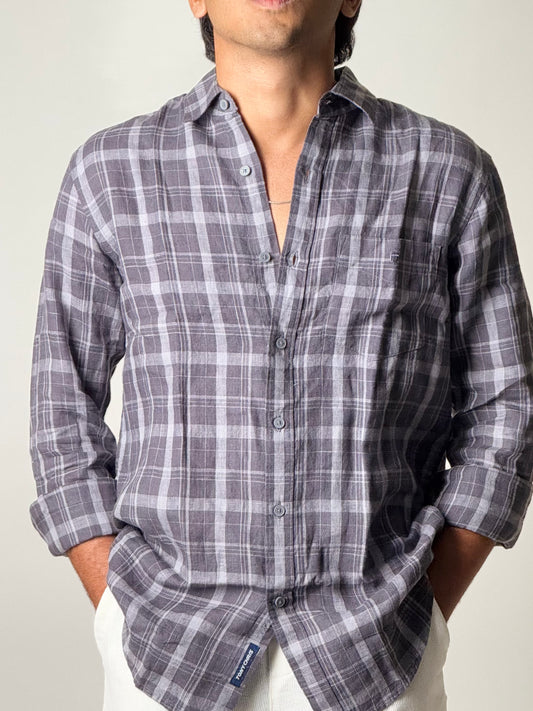 Linen Shirt - Full Sleeve - Blueish Grey and Grey Checkered