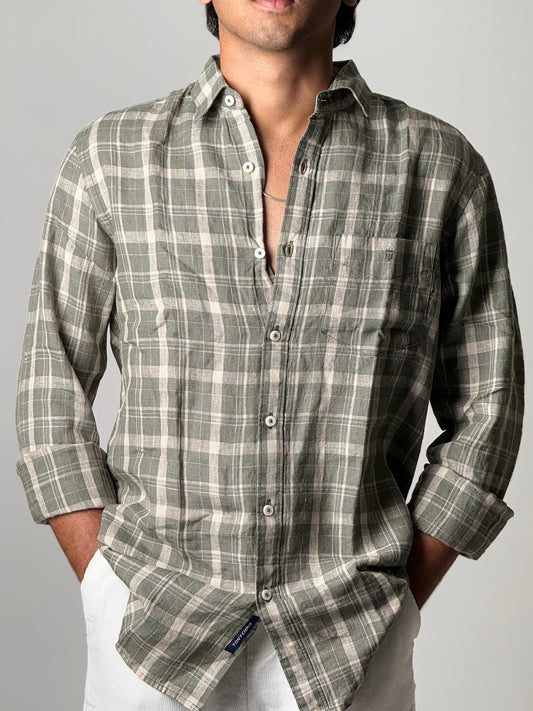 Linen Shirt - Full Sleeve - Green and Off-White Checkered