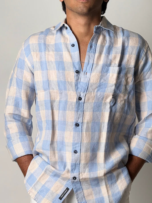 Linen Shirt - Full Sleeve - White and Blue Checkered