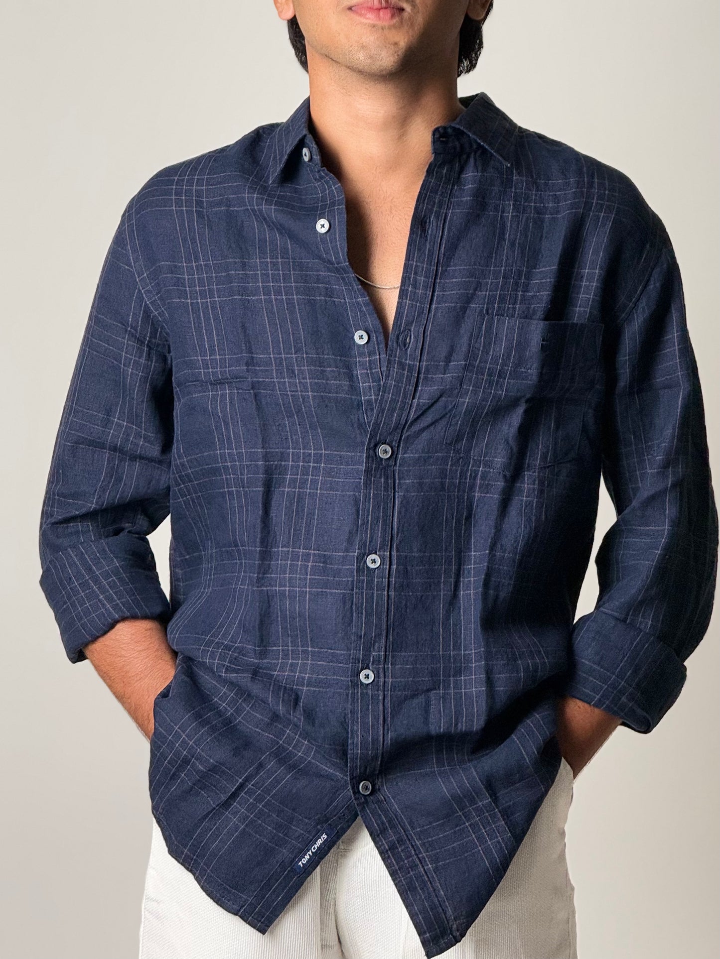 Linen Shirt - Full Sleeve - Dark Blue Checkered