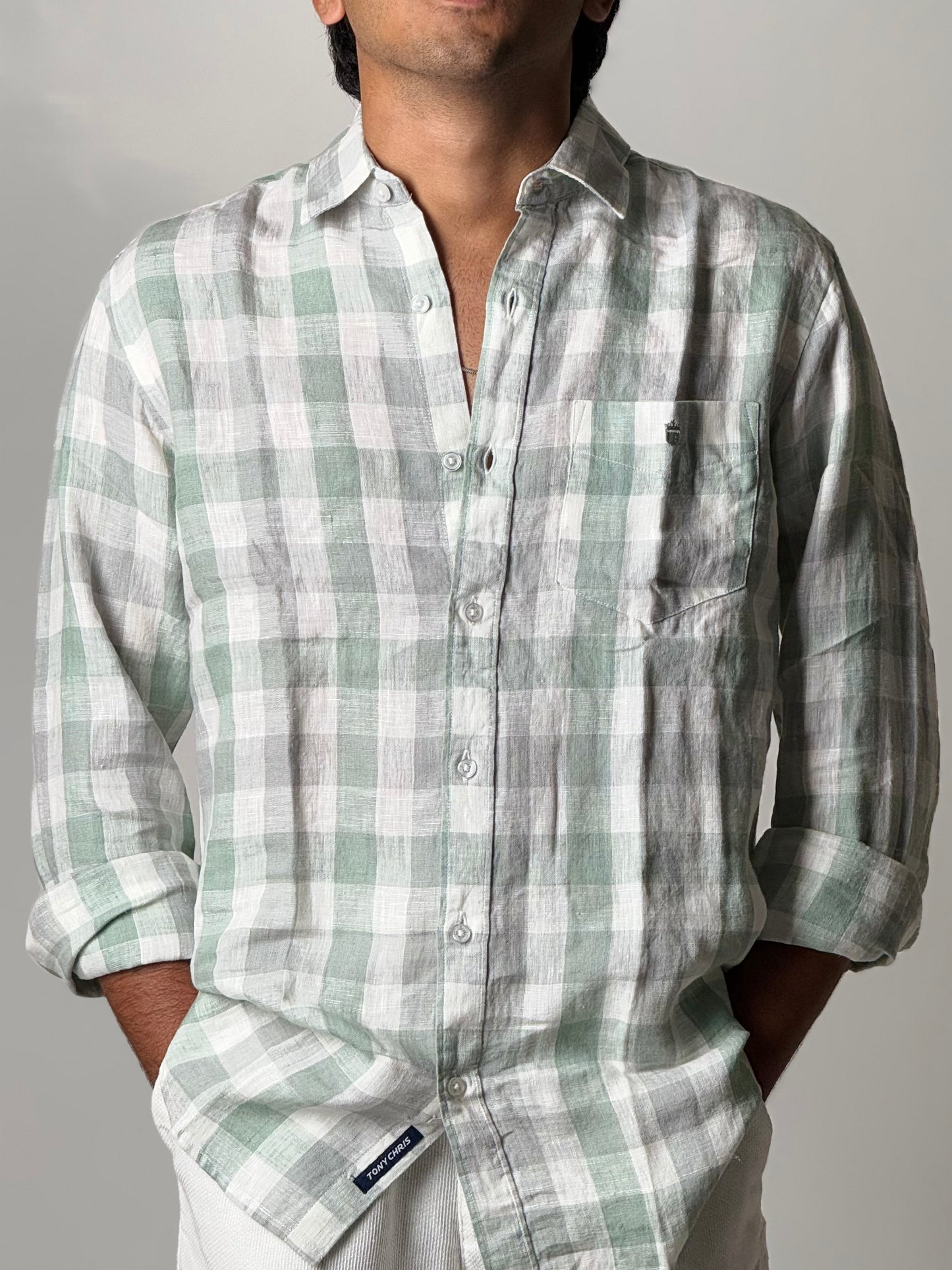 Linen Shirt - Full Sleeve - White and Green Checkered
