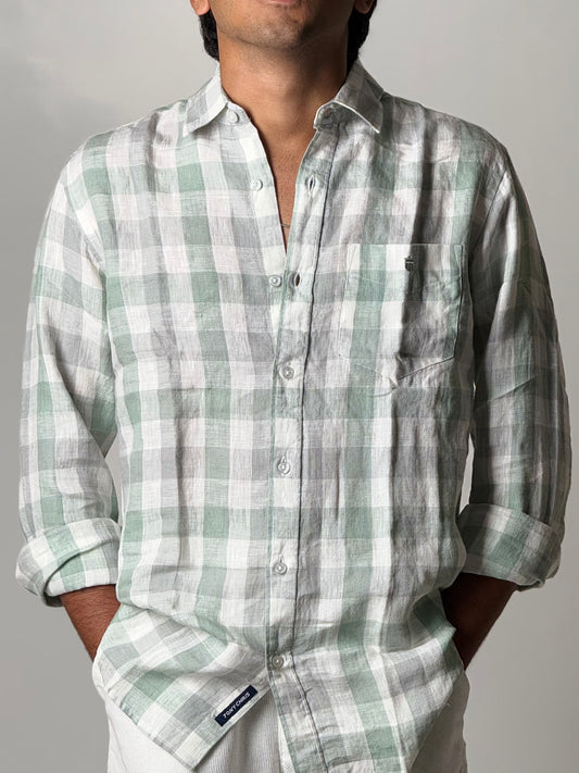 Linen Shirt - Full Sleeve - White and Green Checkered