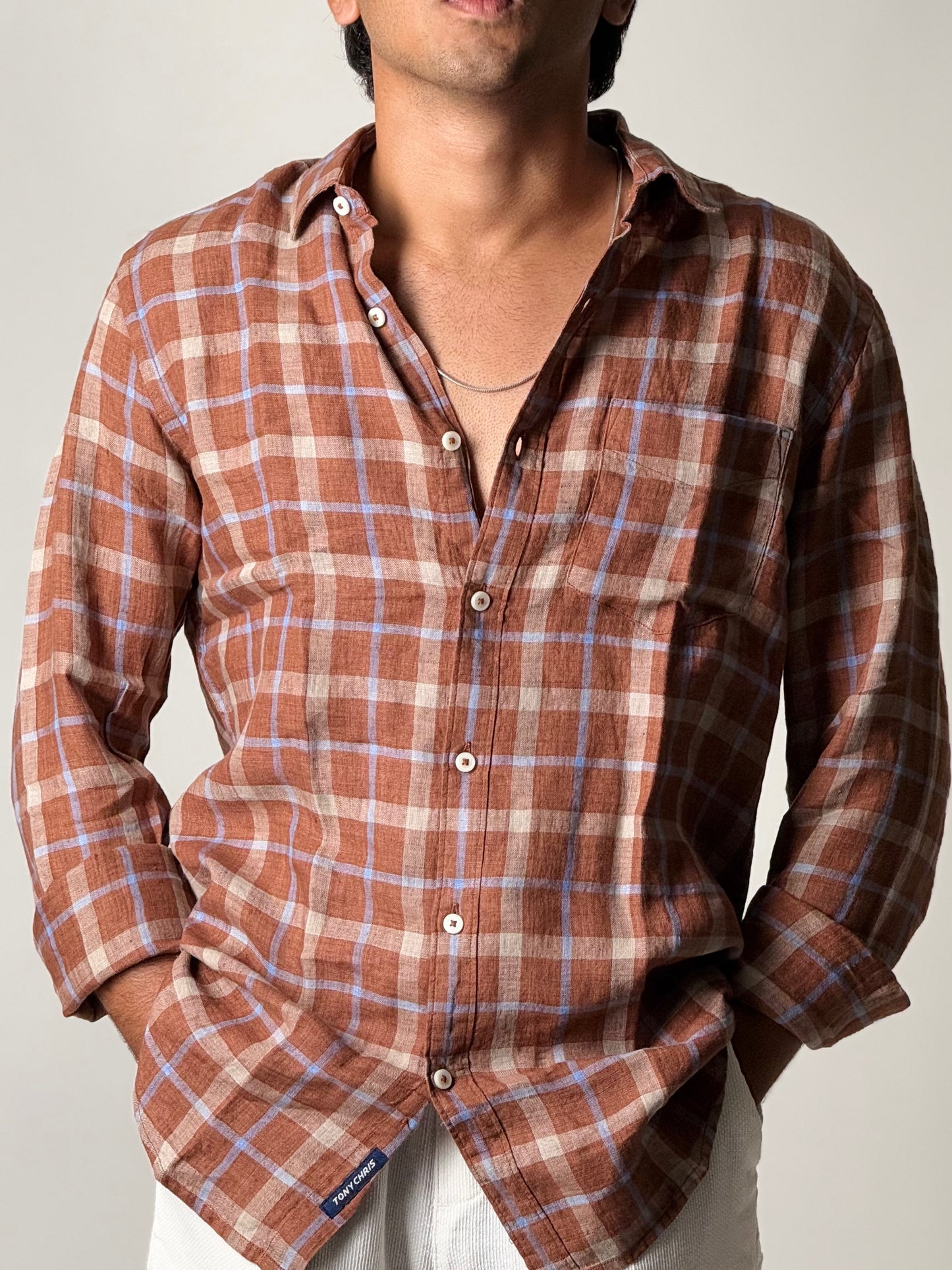 Linen Shirt - Full Sleeve - Brown Checkered