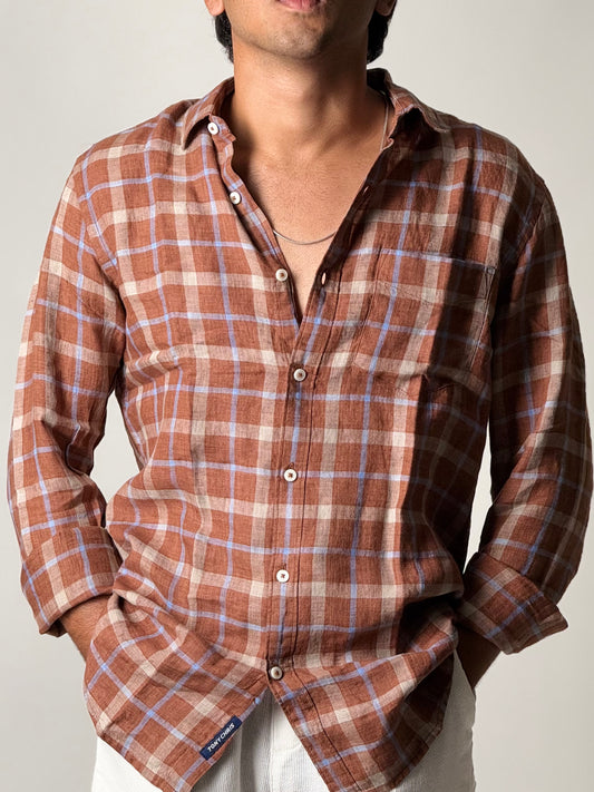 Linen Shirt - Full Sleeve - Brown Checkered