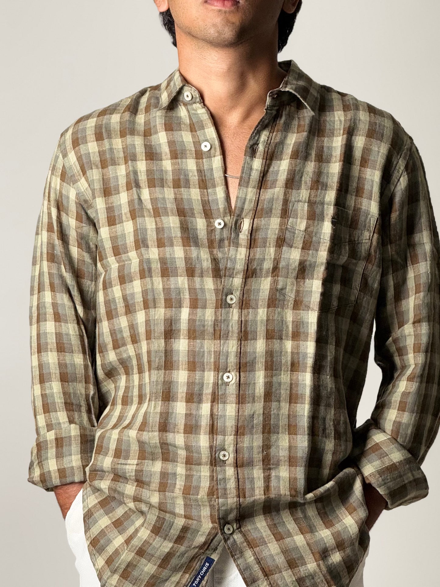 Linen Shirt - Full Sleeve - Olive Green Checkered