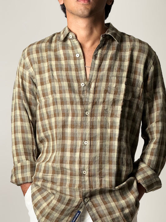 Linen Shirt - Full Sleeve - Olive Green Checkered