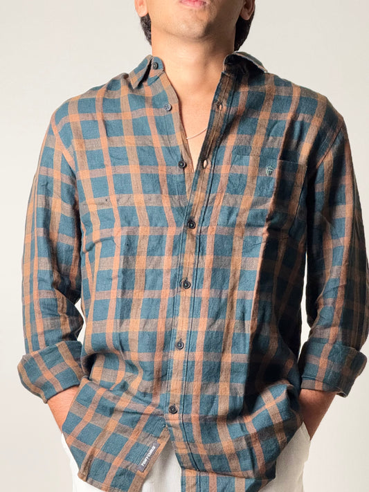 Linen Shirt - Full Sleeve - teal and brownish-orange Checkered