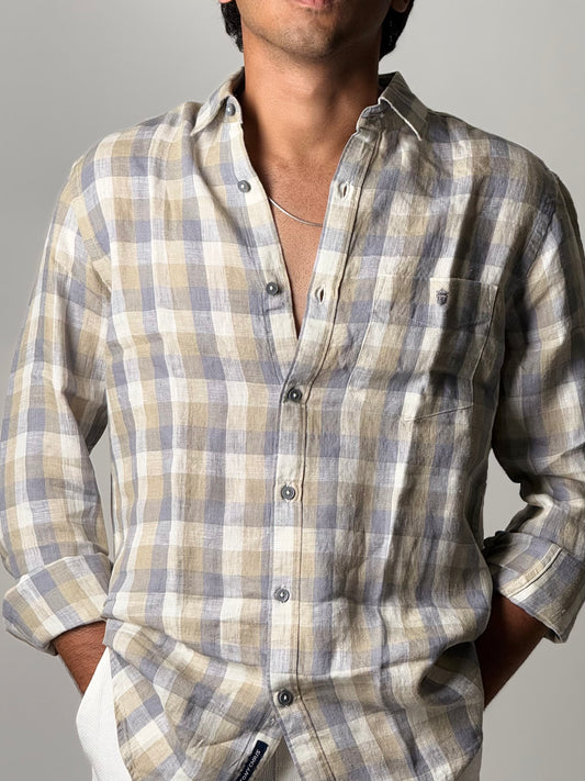 Linen Shirt - Full Sleeve - Grey and Beige Checkered