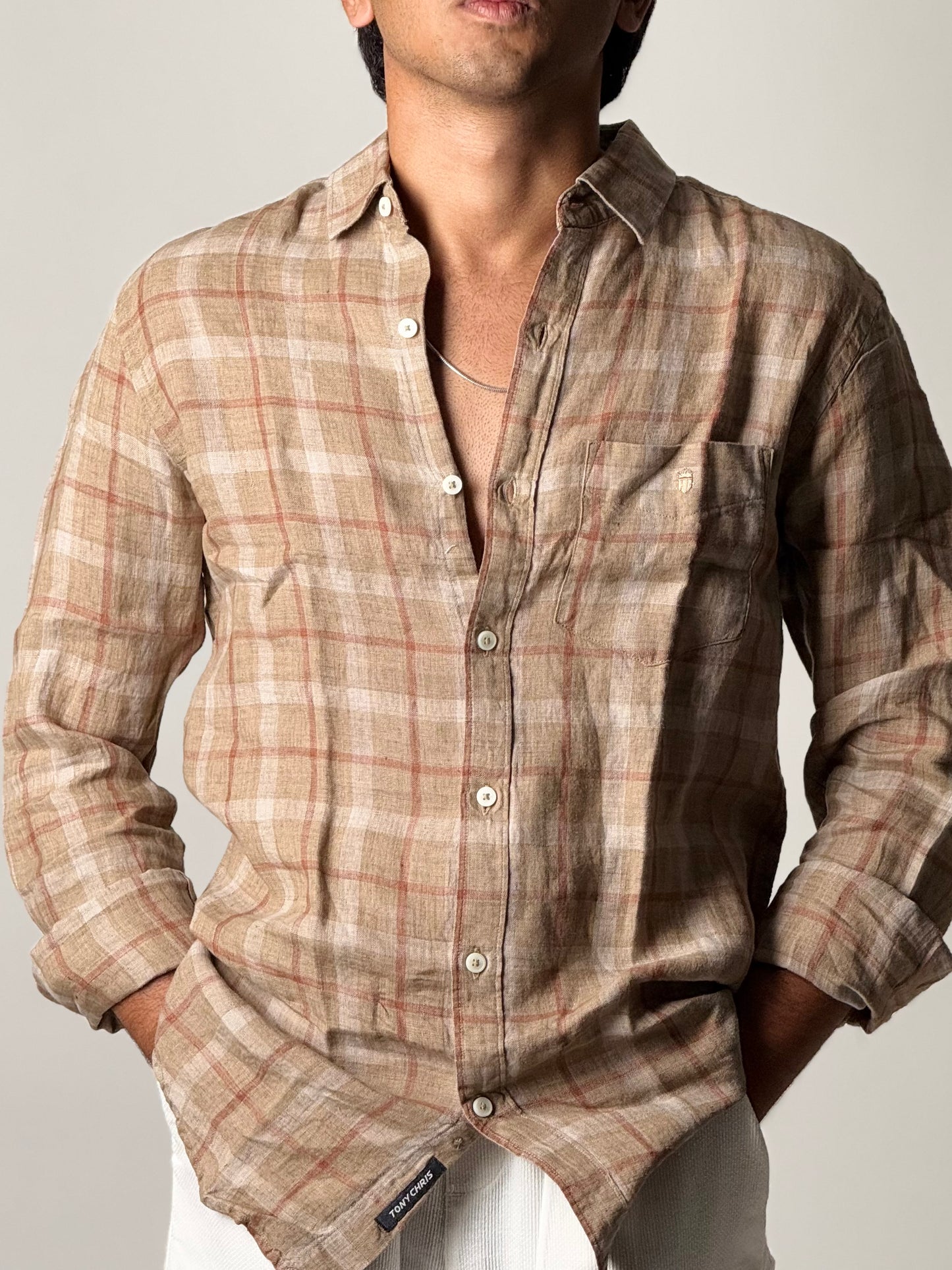Linen Shirt - Full Sleeve - Dark Beige Checkered