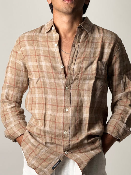 Linen Shirt - Full Sleeve - Dark Beige Checkered