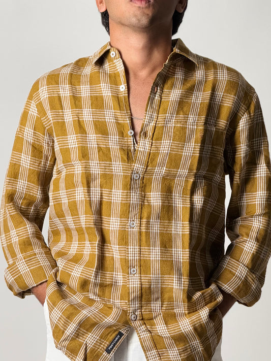 Linen Shirt - Full Sleeve - Khaki Checkered