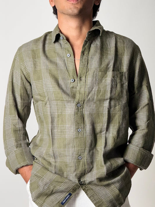 Linen Shirt - Full Sleeve - Olive Green Checkered