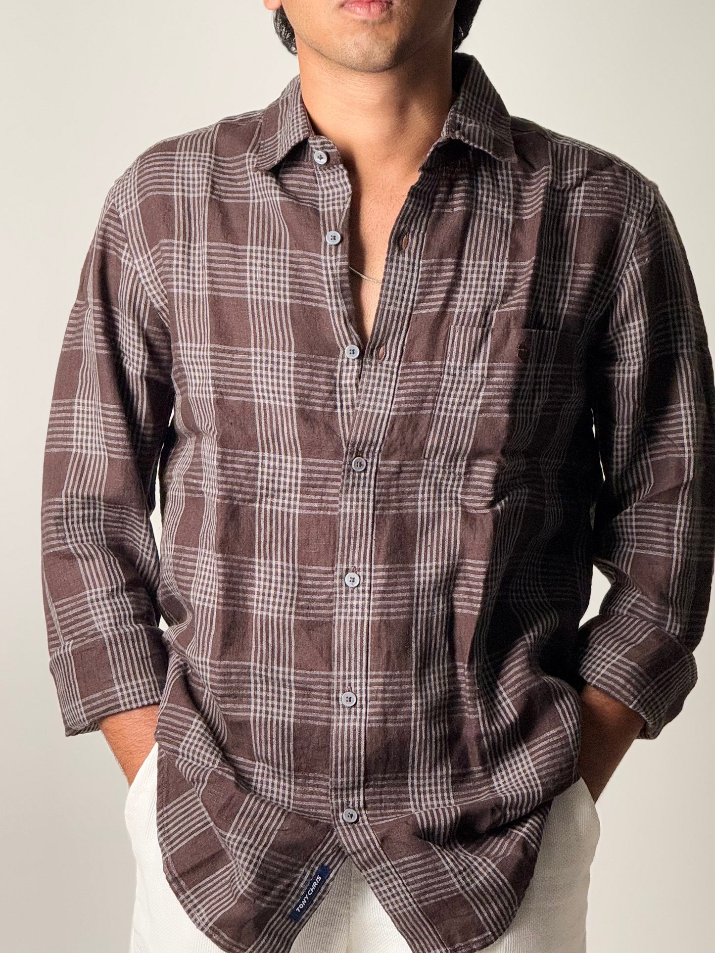 Linen Shirt - Full Sleeve - Dark Brown Checkered