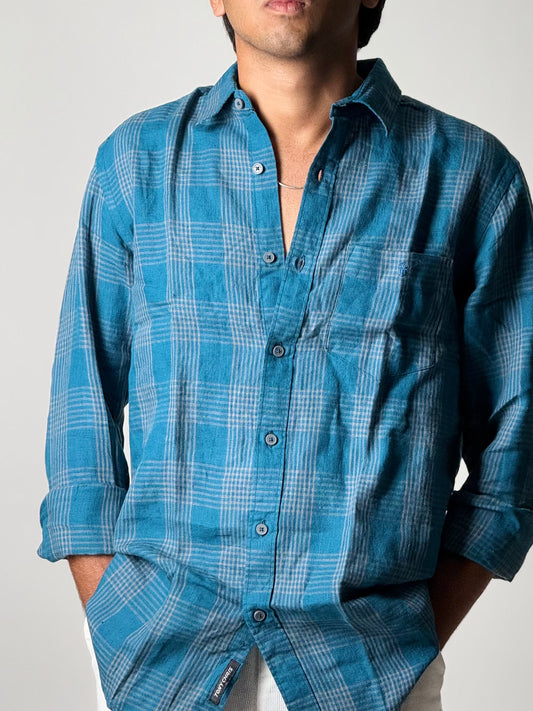 Linen Shirt - Full Sleeve - Aqua Blue Checkered