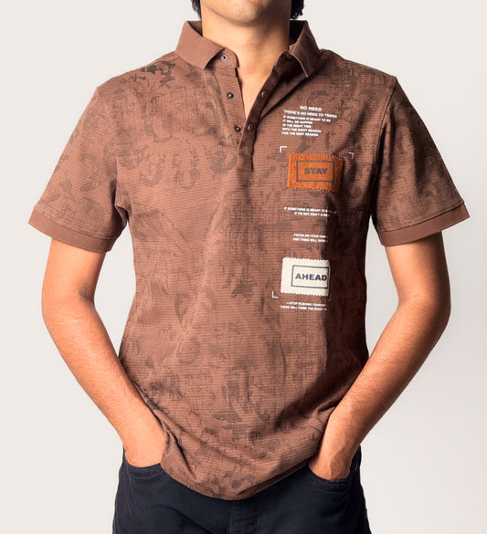 Printed Collar T-Shirt Brown