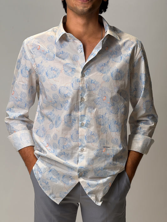 Printed Shirt Warm White with Blue floral