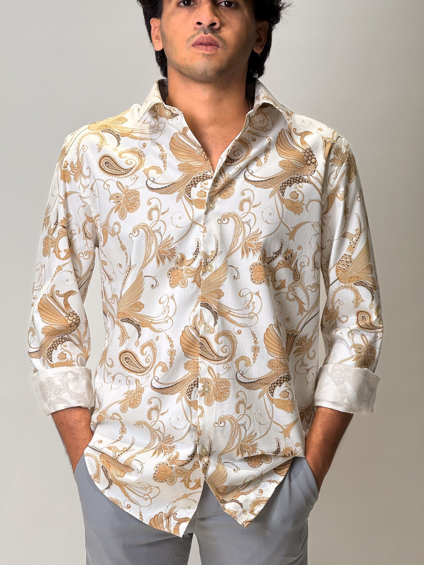 Printed Shirt White with Golden floral