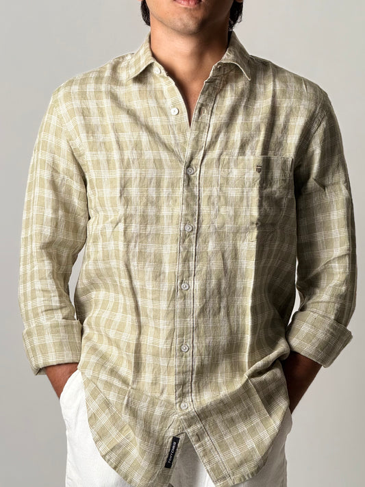 Linen Shirt - Full Sleeve - Light Olive Green with White Checkered