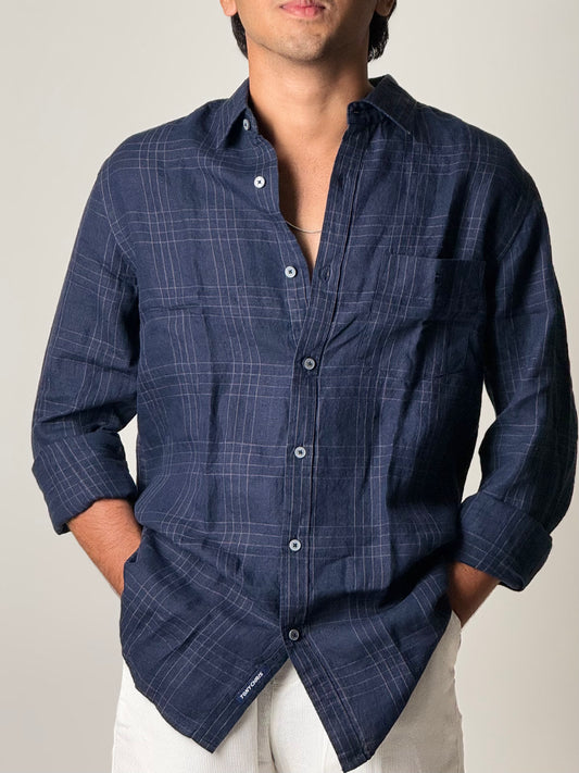 Linen Shirt - Full Sleeve - Dark Blue Checkered