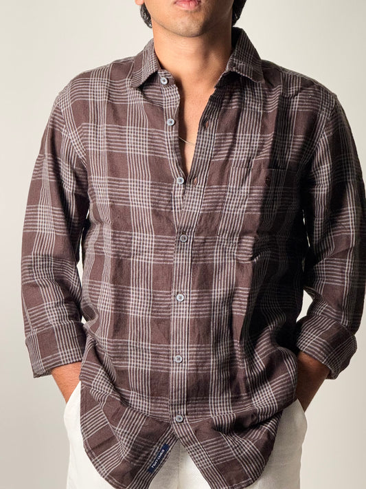 Linen Shirt - Full Sleeve - Dark Brown Checkered